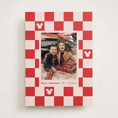This is a minnie's bow holiday photo cards with standard by Carrie ONeal called disney mickey checkerboard printing on recycled smooth signature in standard