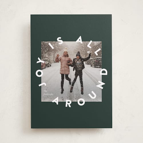 This is a forest holiday photo cards with standard by Jackie Crawford called joy is all around printing on recycled smooth signature in standard
