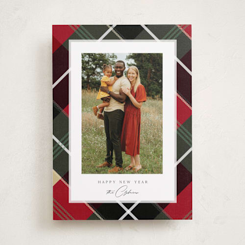 This is a holly holiday photo cards with standard by Rebecca Durflinger called shimmering tartan printing on recycled smooth signature in standard