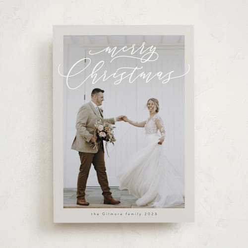 This is a champagne holiday photo cards with standard by Nicole Walsh called handwritten christmas printing on recycled smooth signature in standard