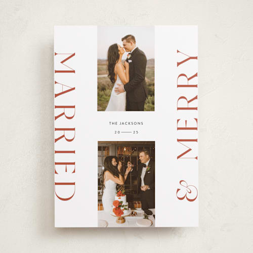 This is a maple holiday photo cards with standard by Laura Bercovich called merrily married printing on recycled smooth signature in standard