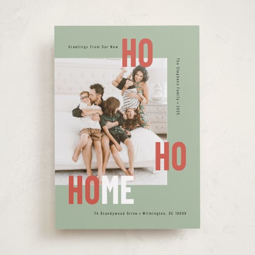 This is a sage holiday photo cards with standard by Mary Kay Garttmeier called new ho ho home printing on recycled smooth signature in standard