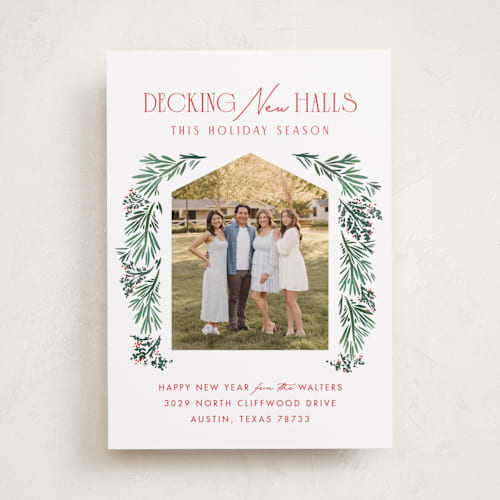 This is a holly berry holiday photo cards with standard by Julie Murray called decking new halls printing on recycled smooth signature in standard