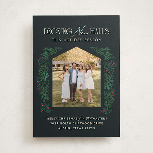 This is a midnight forest holiday photo cards with standard by Julie Murray called decking new halls printing on recycled smooth signature in standard