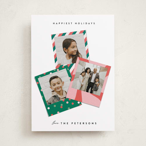 This is a peppermint holiday photo cards with standard by Maria Alou called gift-wrapped snapshots printing on recycled smooth signature in standard