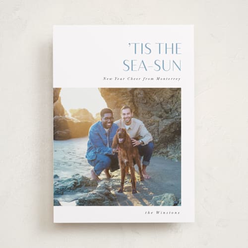 This is a sea spray holiday photo cards with standard by Corinne Malesic called tis the sea-sun printing on recycled smooth signature in standard