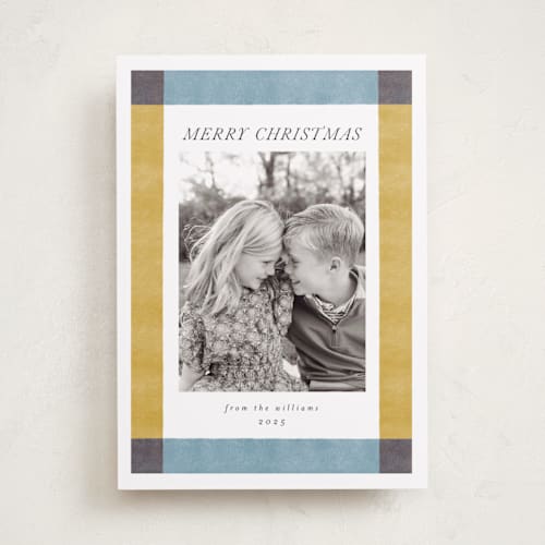 This is a goldenrod holiday photo cards with standard by Chris Griffith called holiday rainbow printing on recycled smooth signature in standard