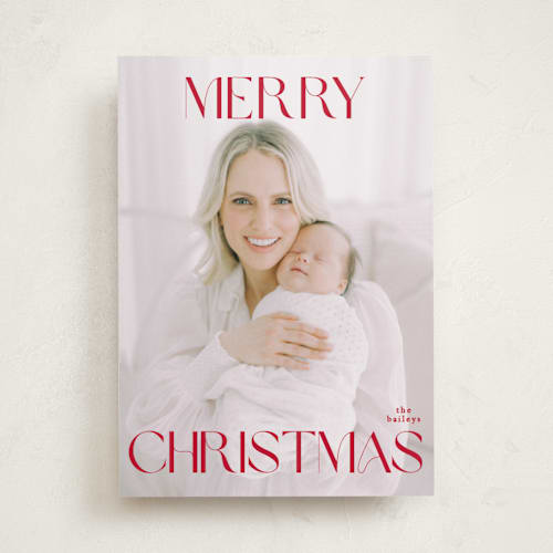 This is a poinsettia holiday photo cards with standard by Angela Thompson called merry printing on recycled smooth signature in standard