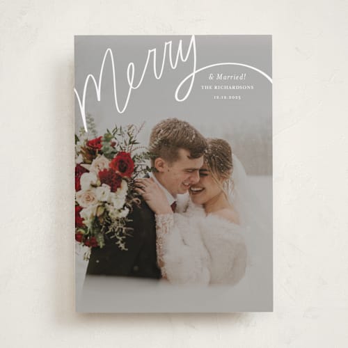 This is a wedding cake holiday photo cards with standard by Becky Nimoy called merry hand lettered script printing on recycled smooth signature in standard