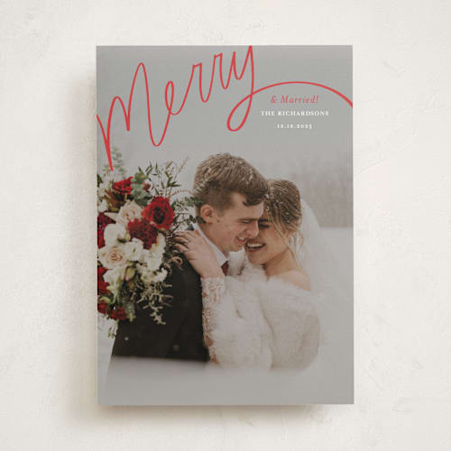 This is a rouge holiday photo cards with standard by Becky Nimoy called merry hand lettered script printing on recycled smooth signature in standard