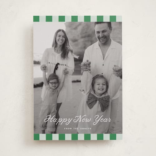 This is a sage holiday photo cards with standard by Sara Hicks Malone called cabana check printing on recycled smooth signature in standard