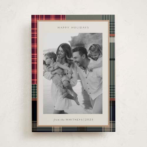 This is a rustic holiday photo cards with standard by Makewells called antiqued plaid printing on recycled smooth signature in standard