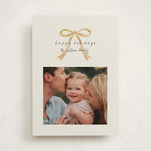 This is a caramel holiday photo cards with standard by Laura Hankins called painted bow printing on recycled smooth signature in standard