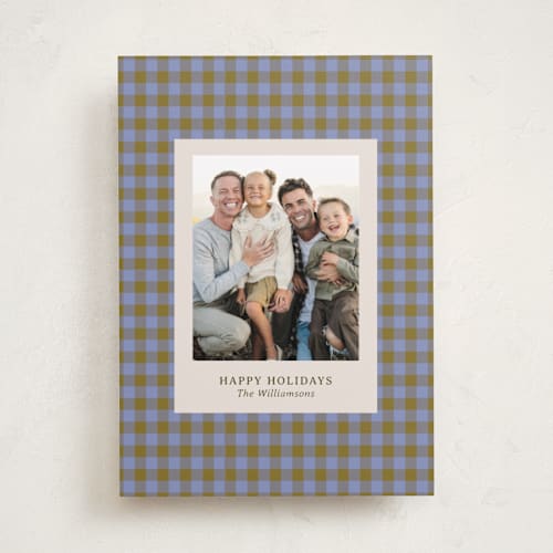 This is a blueberry holiday photo cards with standard by Beth Vassalo called cozy gingham printing on recycled smooth signature in standard