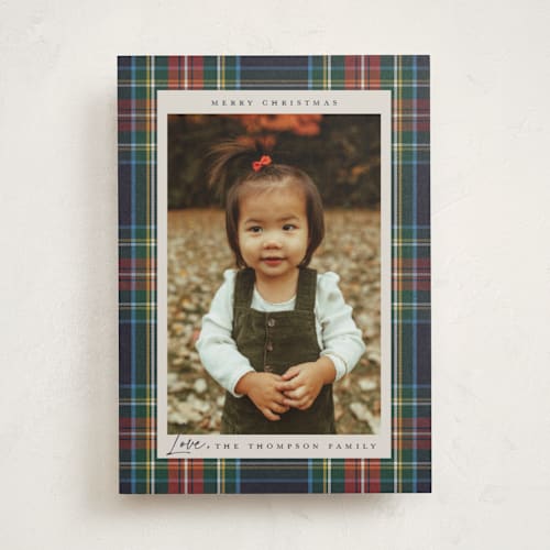 This is a flannel holiday photo cards with standard by Wildfield Paper Co called tartan printing on recycled smooth signature in standard