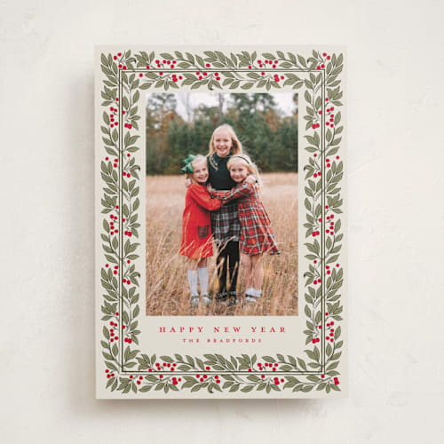 This is a eggnog holiday photo cards with standard by Robert and Stella called snowberry printing on recycled smooth signature in standard