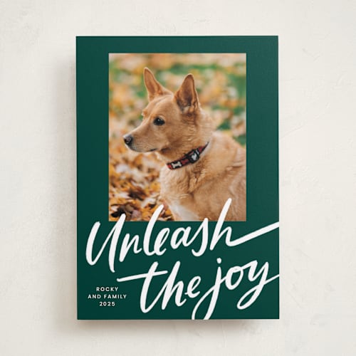 This is a evergreen holiday photo cards with standard by Erin German called unleash the joy printing on recycled smooth signature in standard