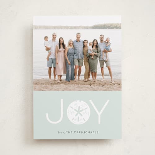 This is a seaglass holiday photo cards with standard by Sarah Brown called joy from the beach printing on recycled smooth signature in standard