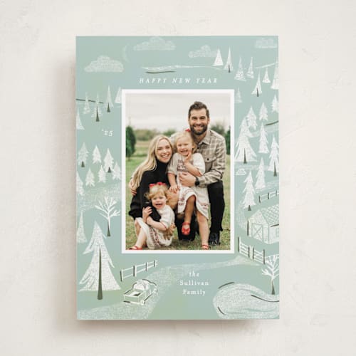 This is a juniper holiday photo cards with standard by Julie Murray called tree farm printing on recycled smooth signature in standard