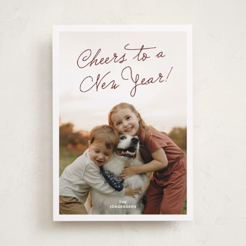 This is a burgundy holiday photo cards with standard by Inkblot Design called jolly time printing on recycled smooth signature in standard