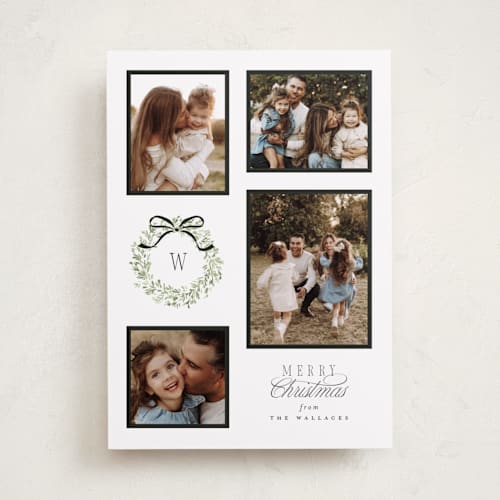 This is a marshmallow holiday photo cards with standard by Everett Paper Goods called wreath multi printing on recycled smooth signature in standard