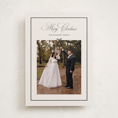 This is a evergreen holiday photo cards with standard by Chelsea Petaja called elegant bow holiday printing on recycled smooth signature in standard