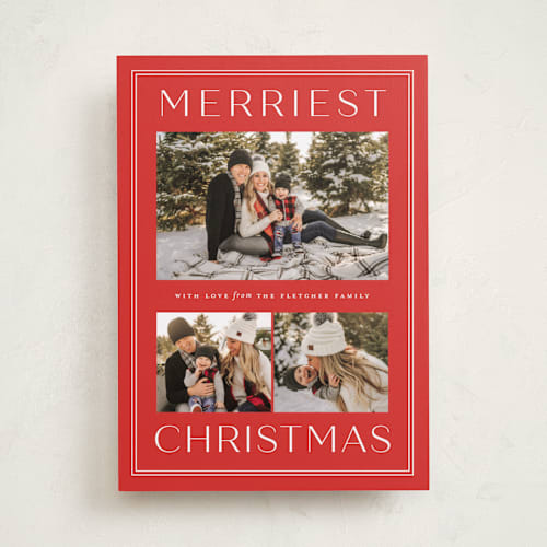 This is a cranberry holiday photo cards with standard by Sarah Brown called just the merriest printing on recycled smooth signature in standard