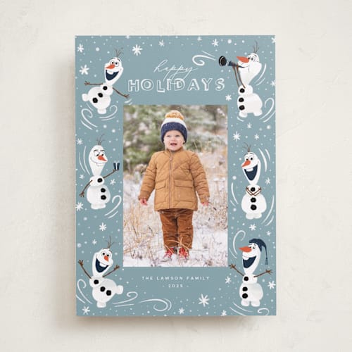 This is a ice holiday photo cards with standard by Orasie called disney's frozen olaf holiday fun printing on recycled smooth signature in standard