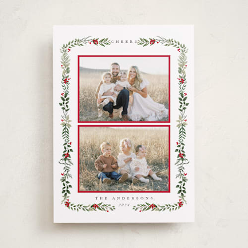 This is a crimson holiday photo cards with standard by Susan Moyal called peace & love printing on recycled smooth signature in standard