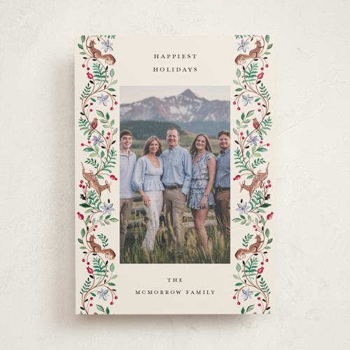 This is a cranberry holiday photo cards with standard by Sarah Knight called highlands printing on recycled smooth signature in standard