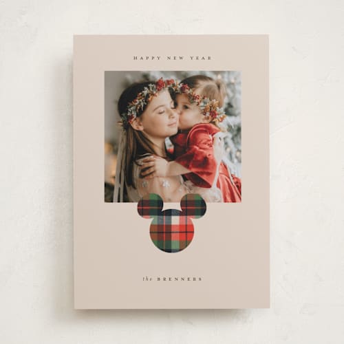 This is a winter plaid holiday photo cards with standard by Carrie ONeal called disney mickey flannel fun printing on recycled smooth signature in standard