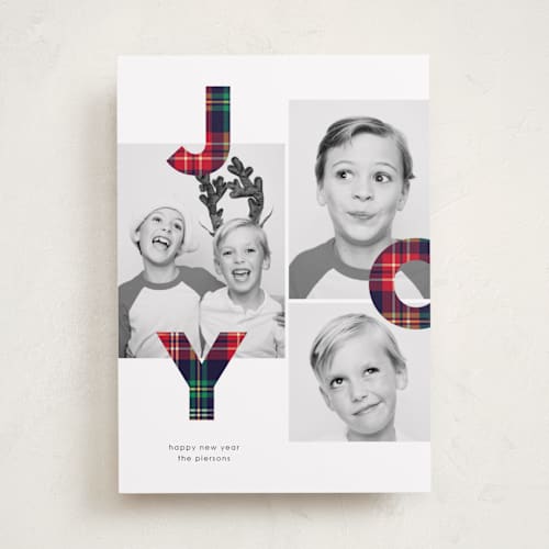 This is a ruby holiday photo cards with standard by Erin Deegan called tartan joy printing on recycled smooth signature in standard