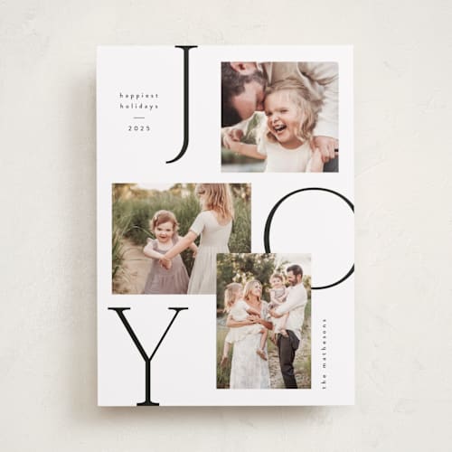 This is a snow holiday photo cards with standard by Kelly Schmidt called joy trio printing on recycled smooth signature in standard