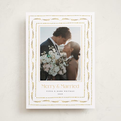 This is a sunshine holiday photo cards with standard by Erika Firm called nostalgic ribbon border printing on recycled smooth signature in standard