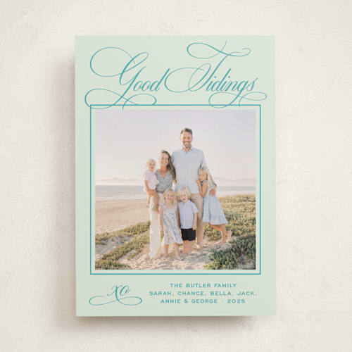 This is a mint holiday photo cards with standard by Megan Davis called julep printing on recycled smooth signature in standard