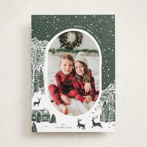 This is a pine holiday photo cards with standard by Jenna Holcomb called cabin in the woods printing on recycled smooth signature in standard