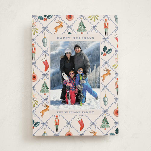 This is a blue spruce holiday photo cards with standard by Sarah Knight called festive icons printing on recycled smooth signature in standard