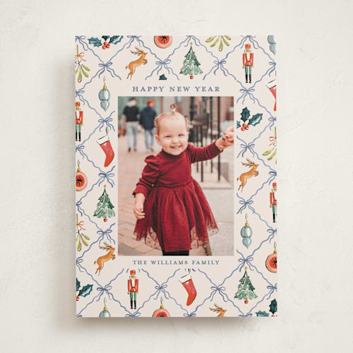 This is a blue spruce holiday photo cards with standard by Sarah Knight called festive icons printing on recycled smooth signature in standard