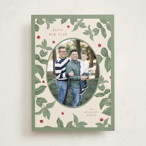 This is a sage holiday photo cards with standard by Anne Ciotola called holiday vines printing on recycled smooth signature in standard