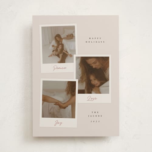 This is a cookie dough holiday photo cards with standard by Adelyn T. called polaroid trio printing on recycled smooth signature in standard