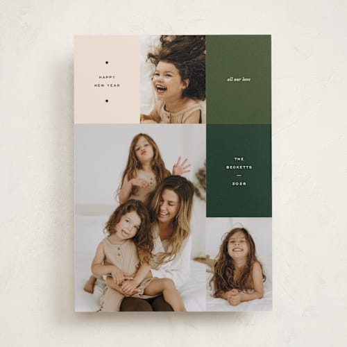 This is a pine holiday photo cards with standard by Annie Clark called off the grid printing on recycled smooth signature in standard