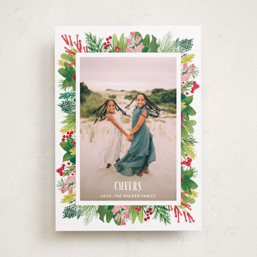 This is a strawberry punch holiday photo cards with standard by Shiny Penny Studio called tropical pines frame printing on recycled smooth signature in standard
