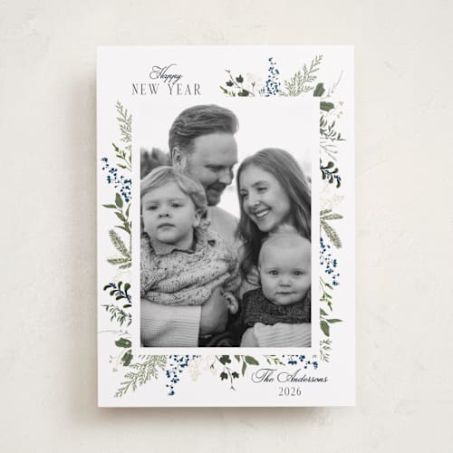 This is a winter berry holiday photo cards with standard by Susan Moyal called always merry printing on recycled smooth signature in standard