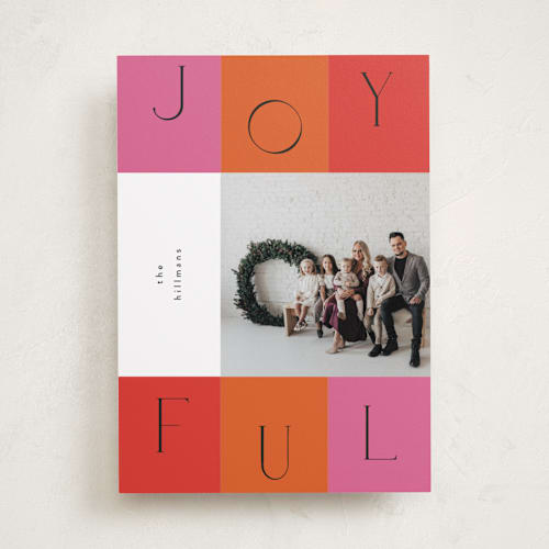 This is a fuchsia holiday photo cards with standard by Nazia Hyder called playful type printing on recycled smooth signature in standard