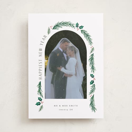 This is a snow holiday photo cards with standard by Hooray Creative called a married christmas printing on recycled smooth signature in standard