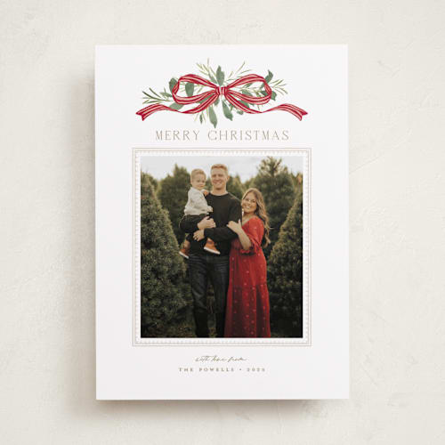 This is a santa holiday photo cards with standard by Everett Paper Goods called greenery swag printing on recycled smooth signature in standard