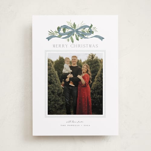 This is a blue jay holiday photo cards with standard by Everett Paper Goods called greenery swag printing on recycled smooth signature in standard