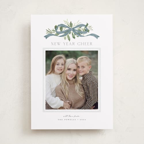 This is a blue jay holiday photo cards with standard by Everett Paper Goods called greenery swag printing on recycled smooth signature in standard