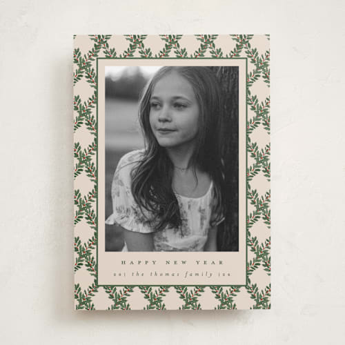 This is a eggnog holiday photo cards with standard by Leah Bisch called holly trellis printing on recycled smooth signature in standard