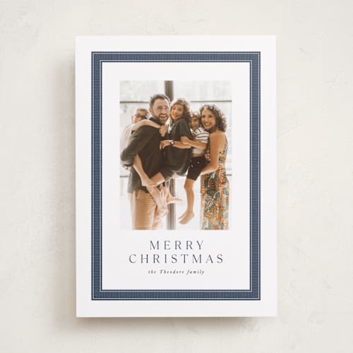 This is a denim holiday photo cards with standard by Lea Delaveris called ribbon framed printing on recycled smooth signature in standard